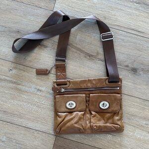 Danier Tan/Brown Leather Messenger Crossbody with Dual Front Pockets